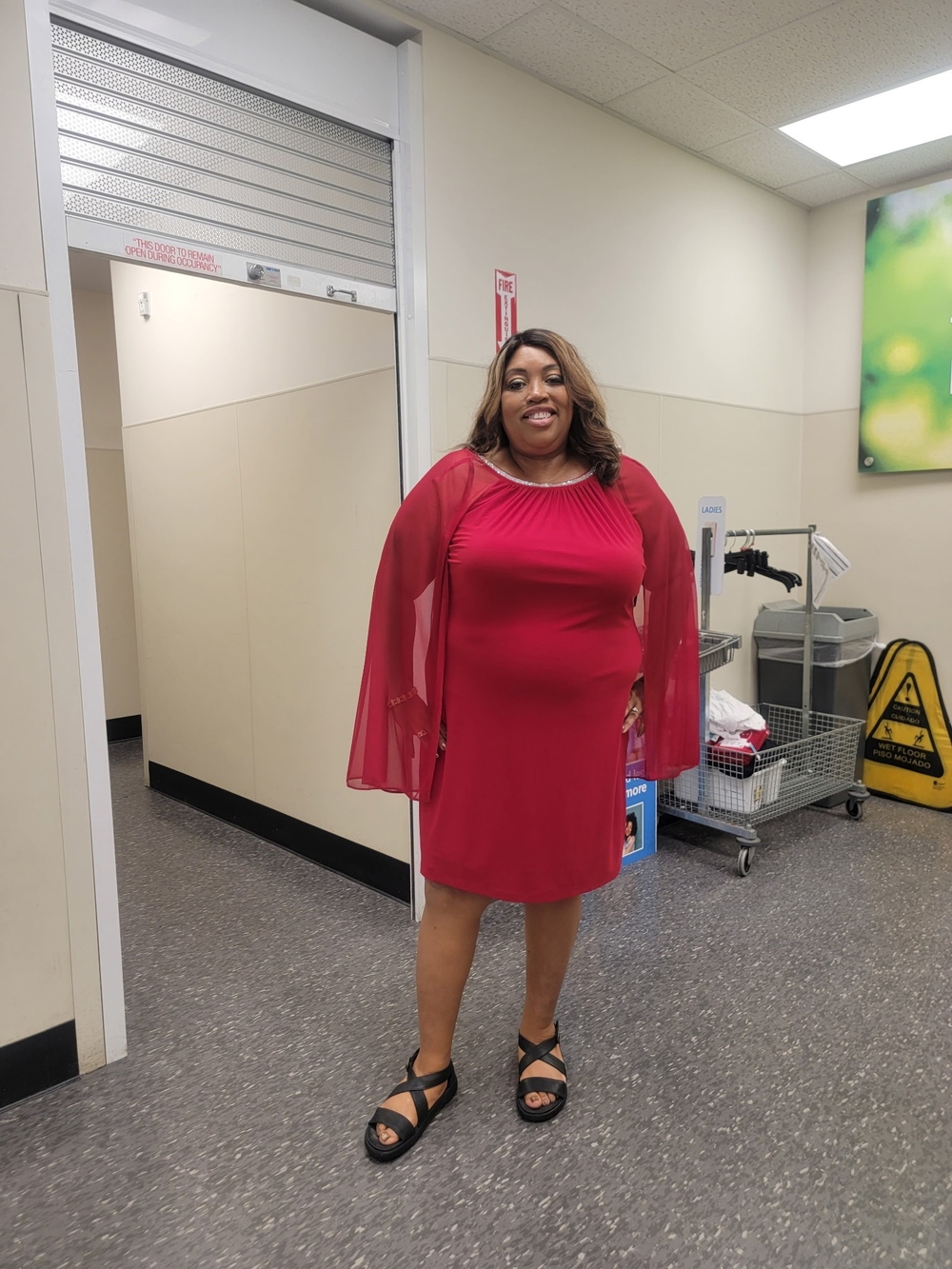 R&M Richards Red Midi Dress with Sheer Cape Sleeves